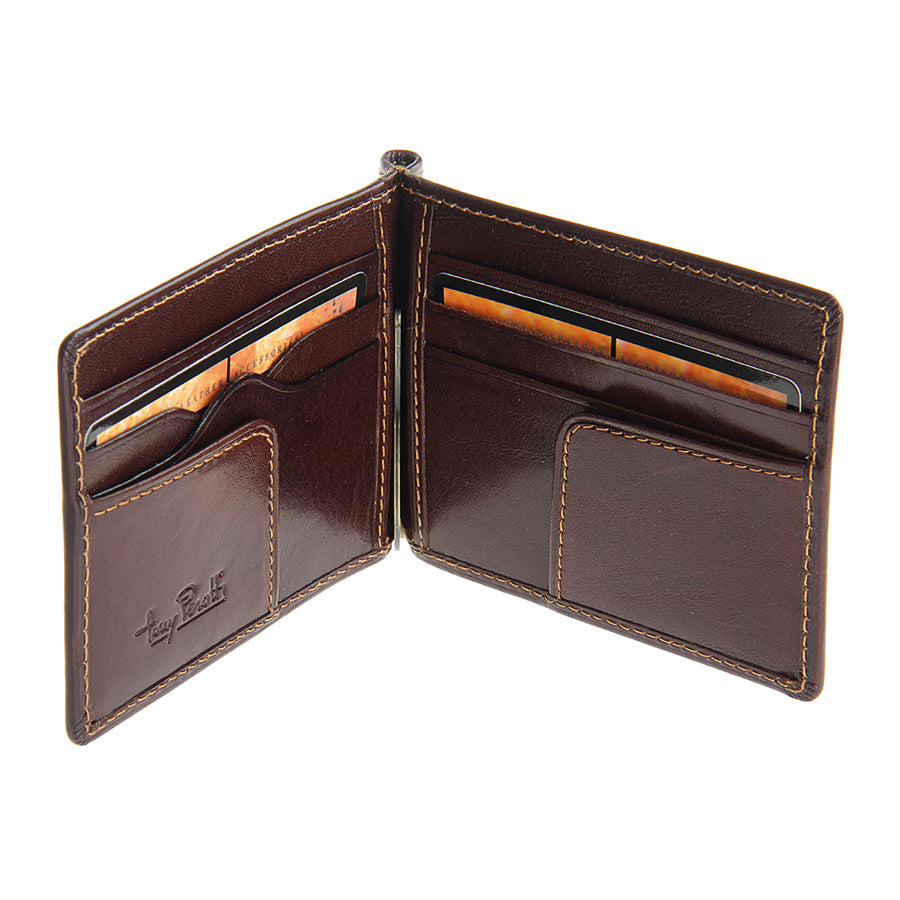 Tony Perotti Italico 2312 moro dark brown leather money clip wallet open at an angle — the spring metal clip between the two card sections