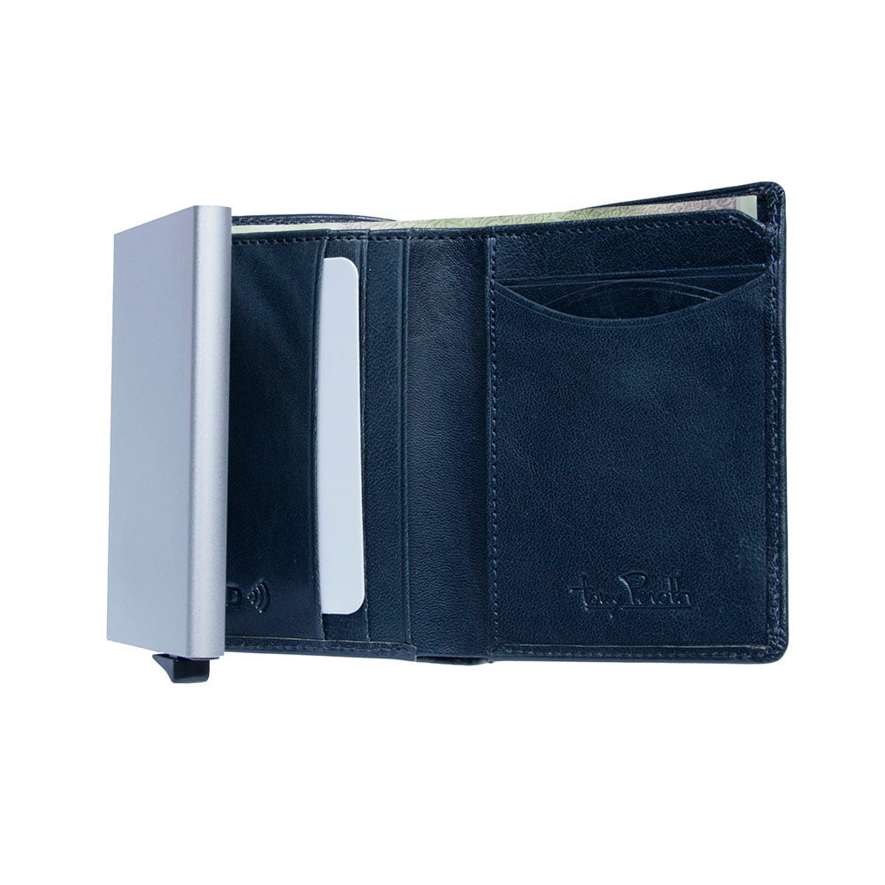 Tony Perotti Nevada 3758 navy — fully open: card slots, RFID mark and banknote compartment