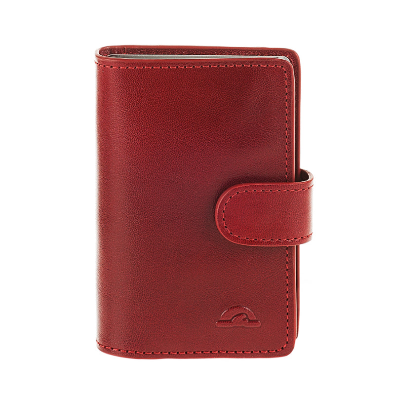 Tony Perotti Nevada 3776 rosso — the red leather business card holder closed, with the strap and the embossed mark