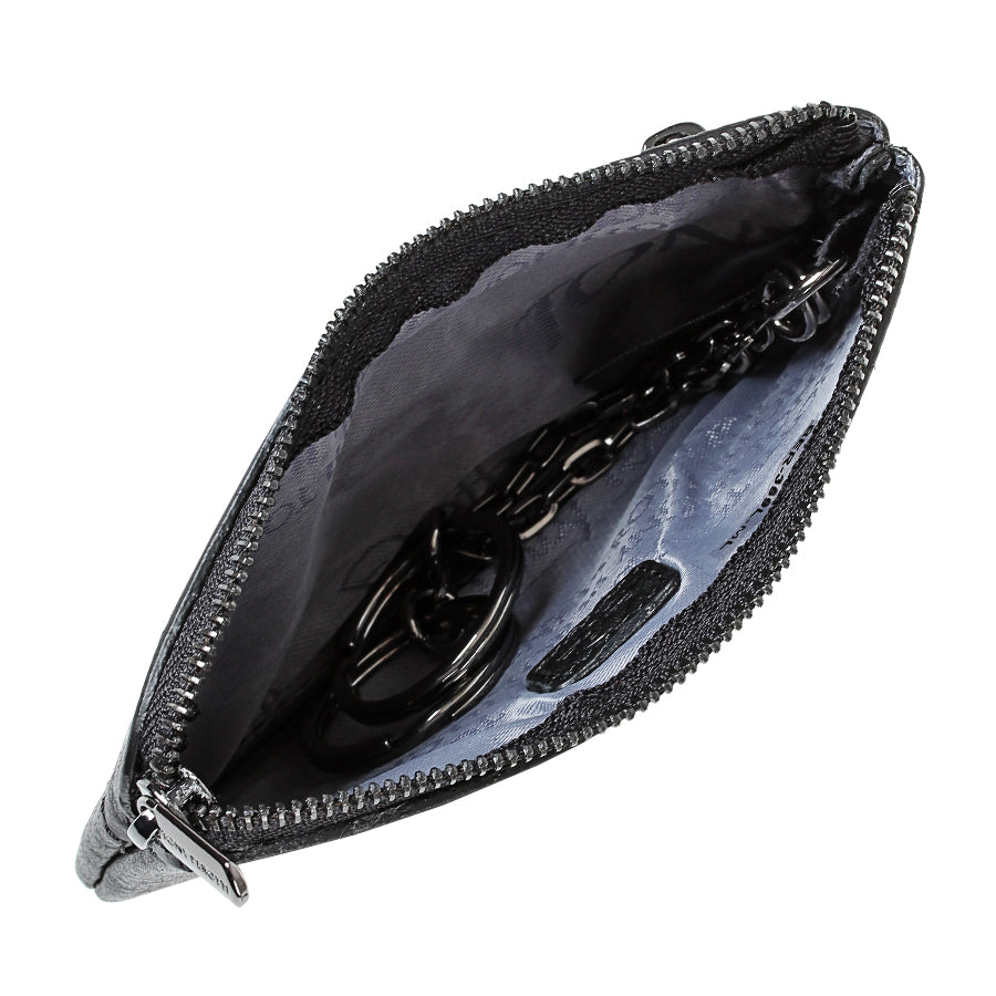 Tony Perotti New Contatto 359 nero — open: the grey satin lining printed with the Tony Perotti signature and the two rings on their chains