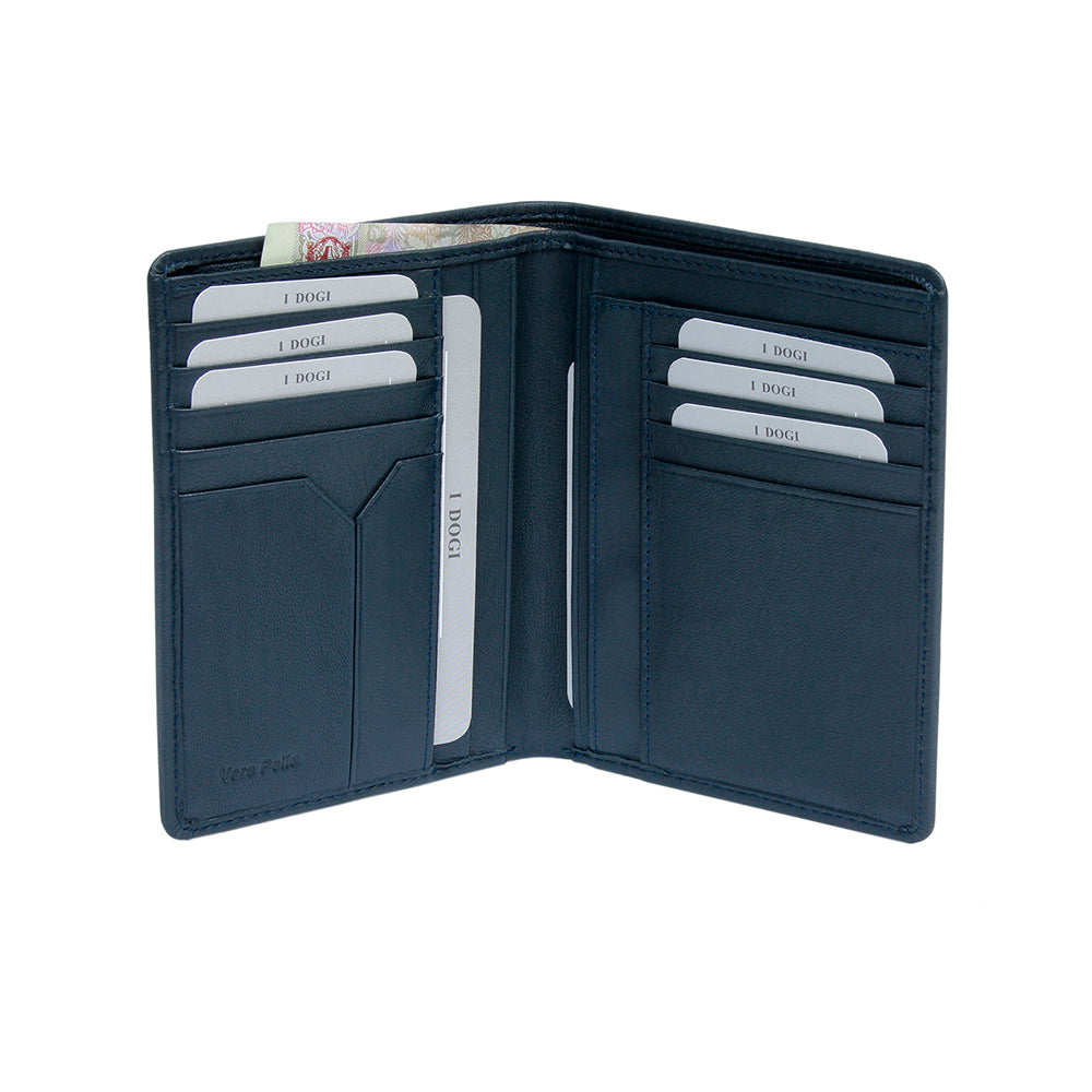 Tony Perotti Cortina 5050 navy opened — card slots in two columns, vertical slots down the middle and a banknote in the compartment behind
