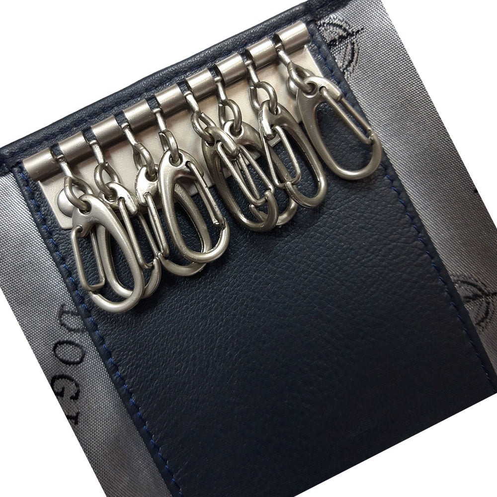 Tony Perotti Cortina 5022 navy — close-up of the eight long silver snap hooks hanging from the bar