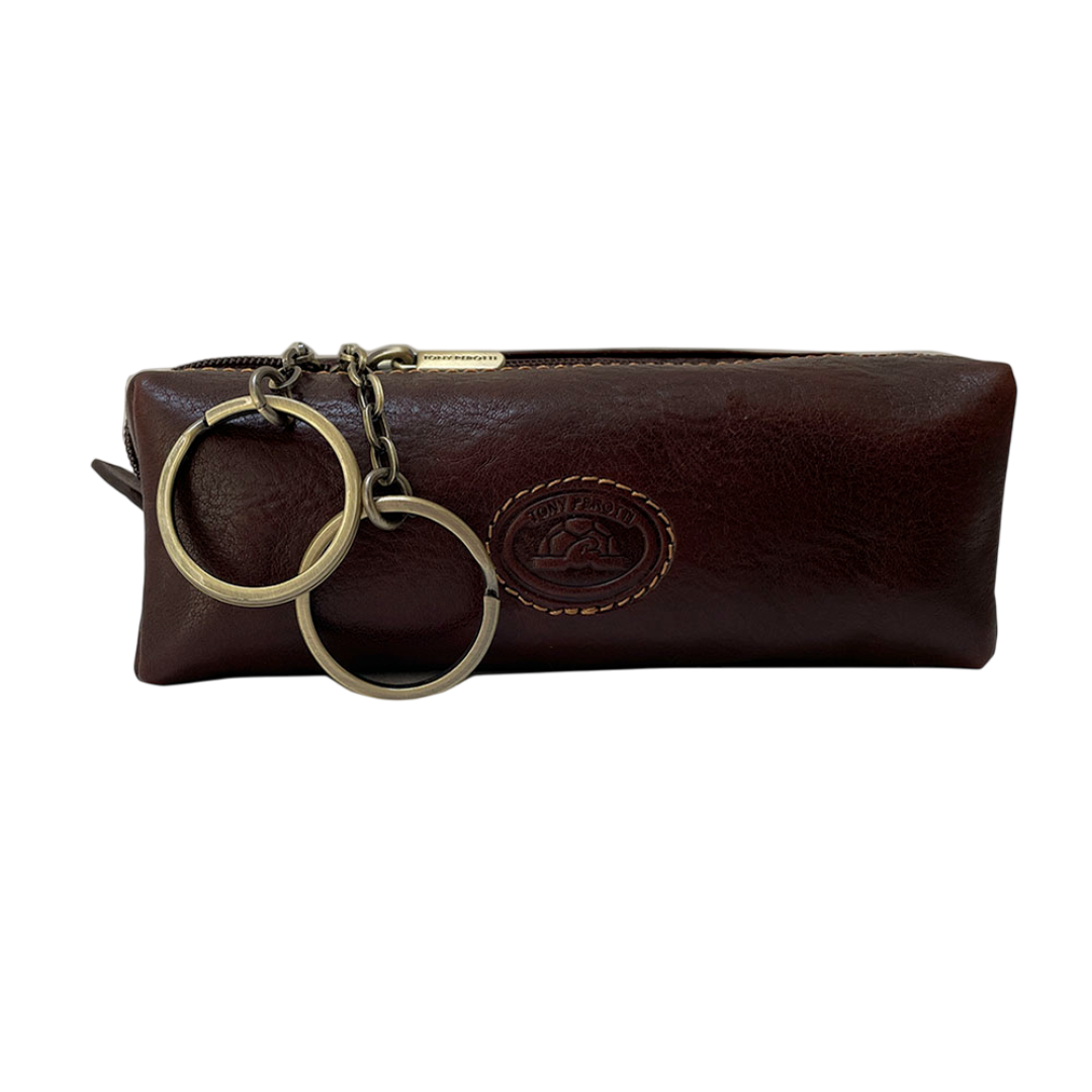 Tony Perotti dark brown bull leather zip key pouch with two brass key rings on chains — Italico 3297 moro