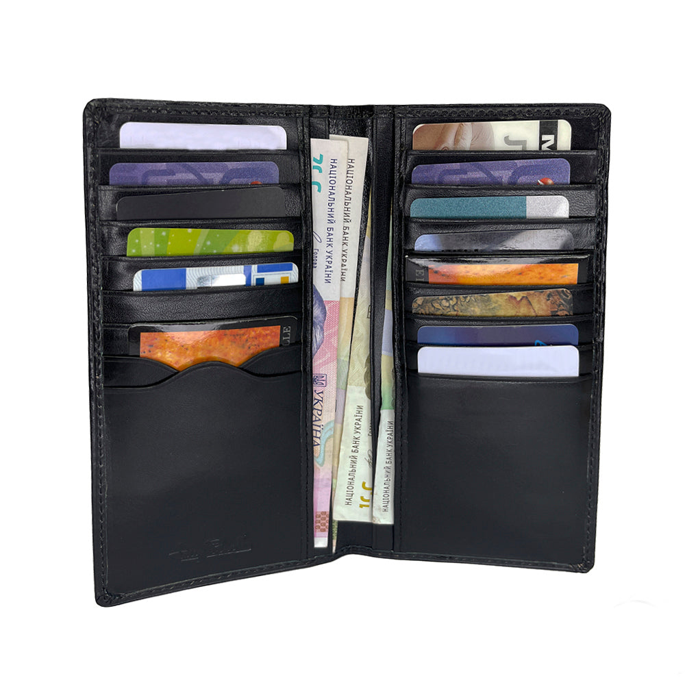 Black bull leather wallet by Tony Perotti — interior card slots and bill compartments in detail