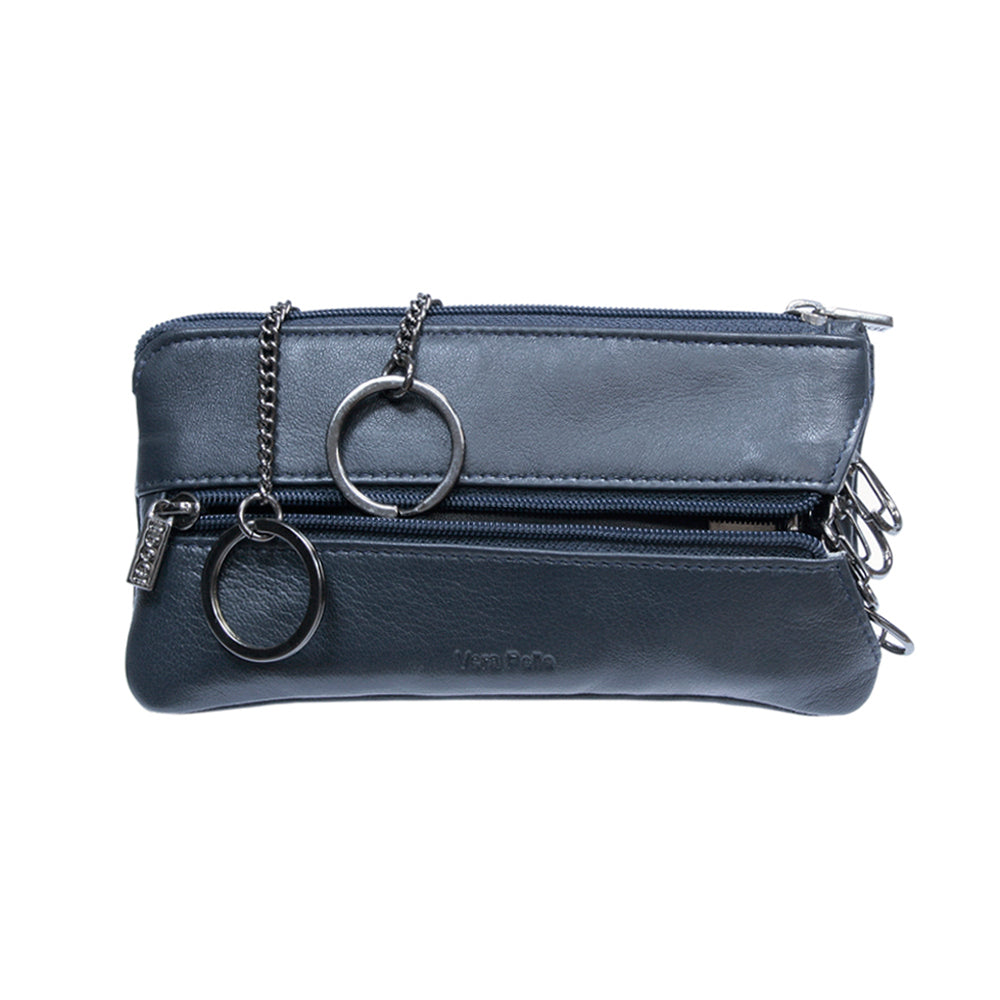 Tony Perotti Cortina 5021 navy — both compartments open: two key rings on chains on the left, six snap hooks on the right