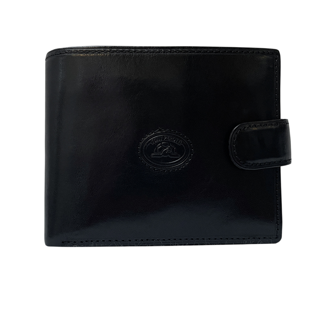 Black leather bifold wallet Tony Perotti Italico 3341A-Q nero with snap tab and embossed turtle emblem