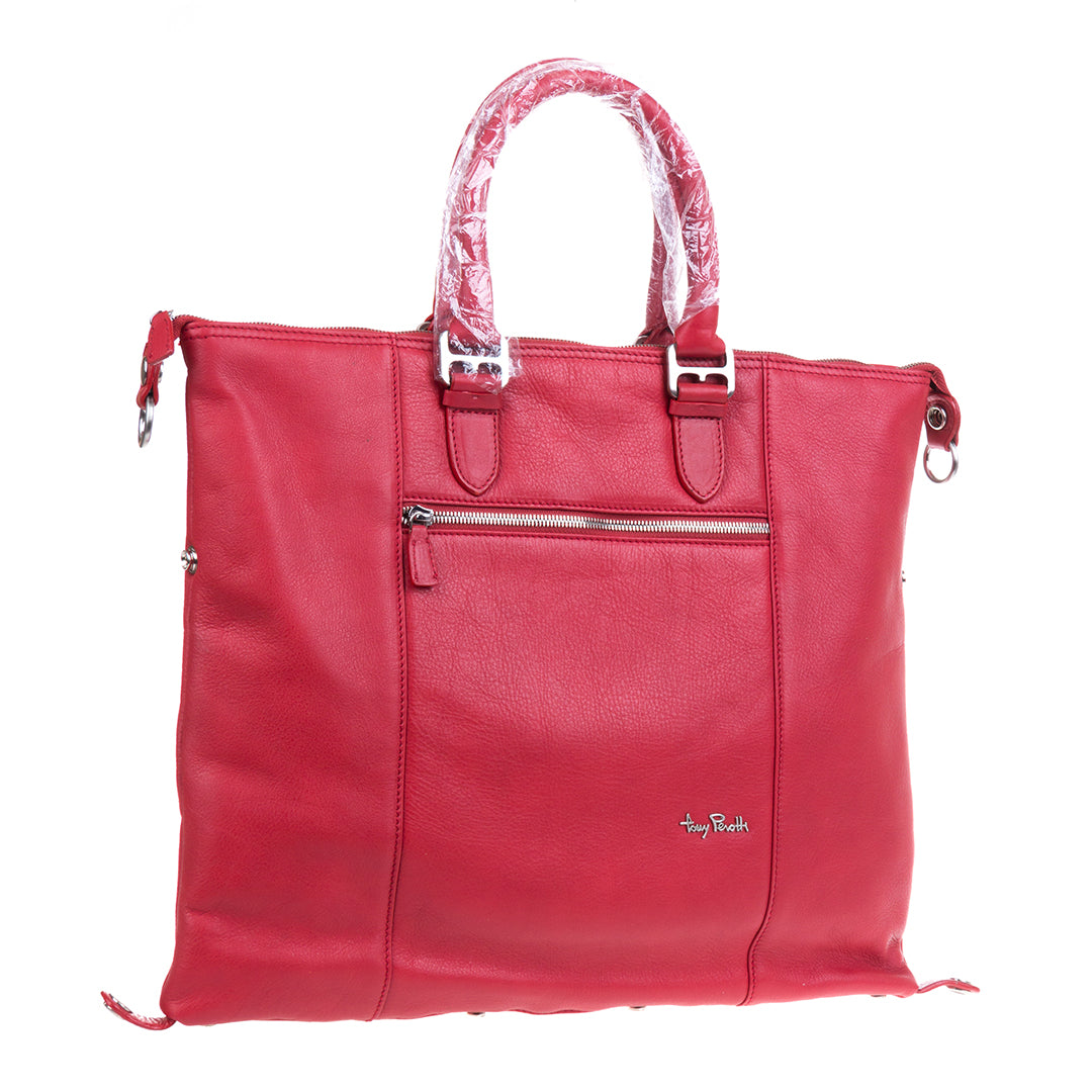 Tony Perotti Contatto 9217-31 rosso red leather handbag — back view with the full-width zip pocket