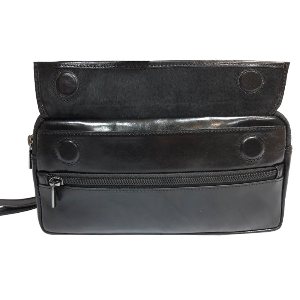 Flap of the black Italico 9405 clutch opened — two magnetic snaps and front zip pocket below