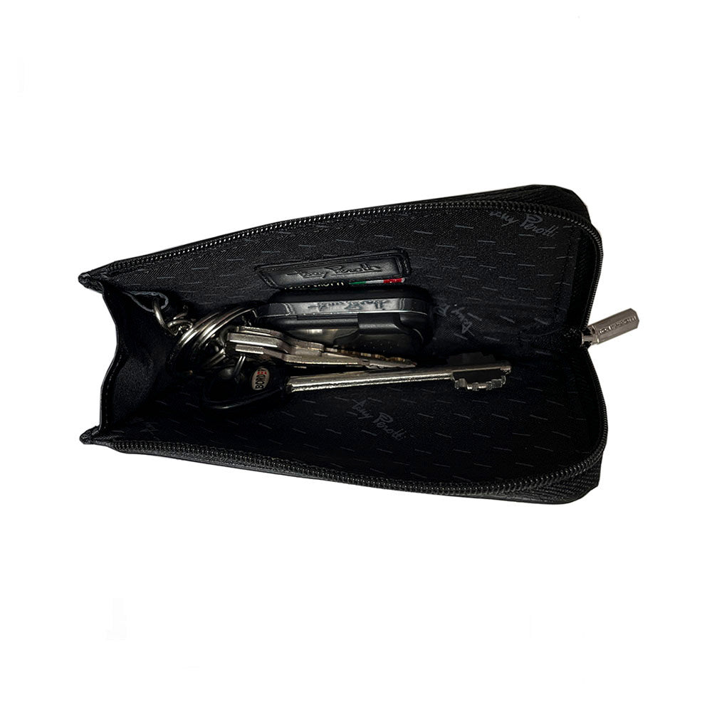 Tony Perotti Swarovski 1941L nero — the case unzipped flat with keys inside, showing the signature-print lining