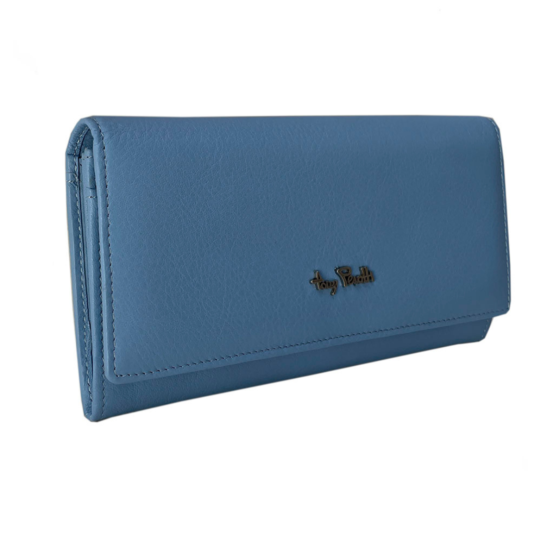 Tony Perotti light blue leather flap wallet — angled closed front view