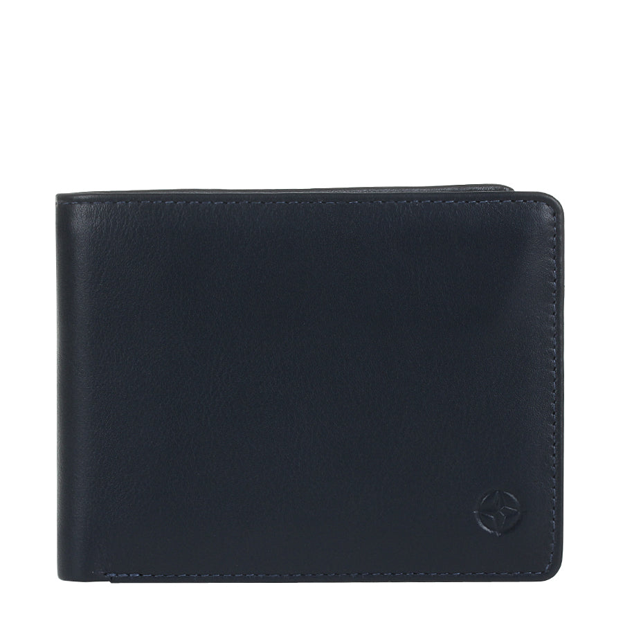 Navy Tony Perotti Cortina 5051 leather bifold wallet seen straight on, closed, with the embossed compass rose in the lower corner