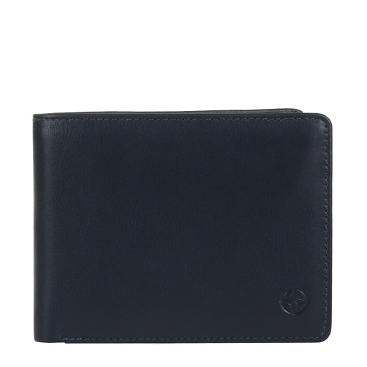 Navy Tony Perotti Cortina 5051 leather bifold wallet seen straight on, closed, with the embossed compass rose in the lower corner