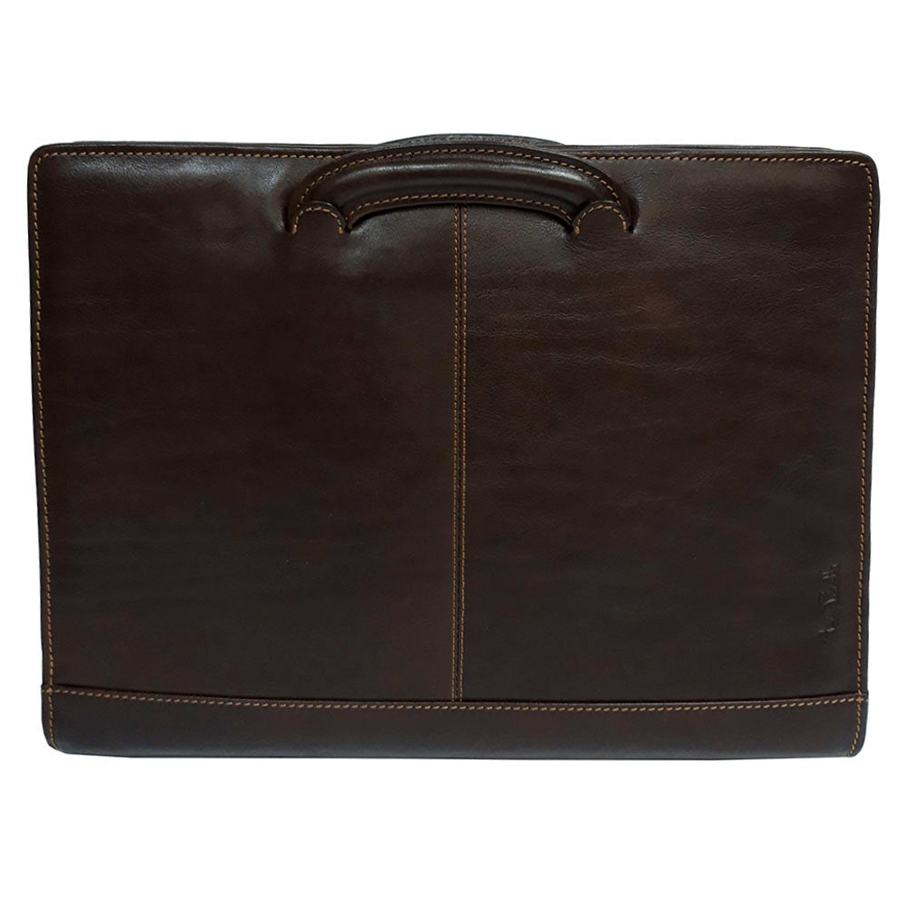 Back of the dark brown Italico 8232 folder — handles tucked flush and embossed Tony Perotti signature