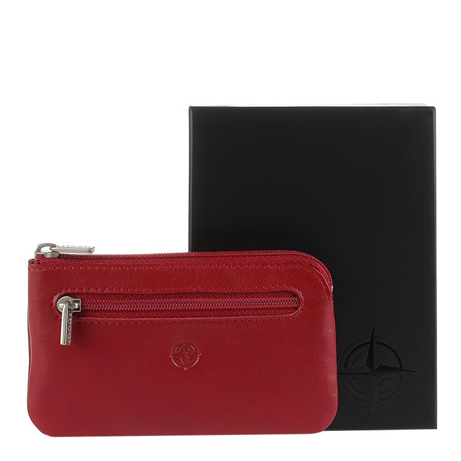 Red leather key pouch beside its black Cortina gift box, handcrafted in Italy — Cortina 5002 rosso