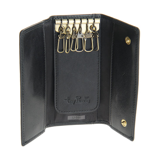 Black leather key case open with six swivel key hooks and embossed Tony Perotti signature — Italico 344 nero