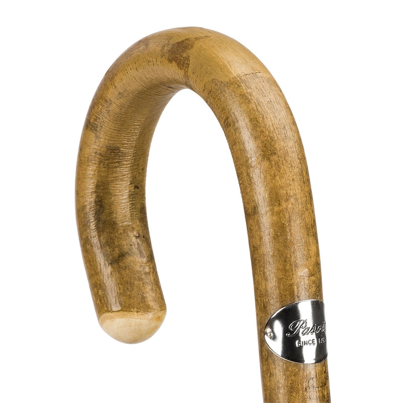 Ash crook handle with honey mottling, knob end and silver-tone Pasotti plaque, close-up, handcrafted in Italy