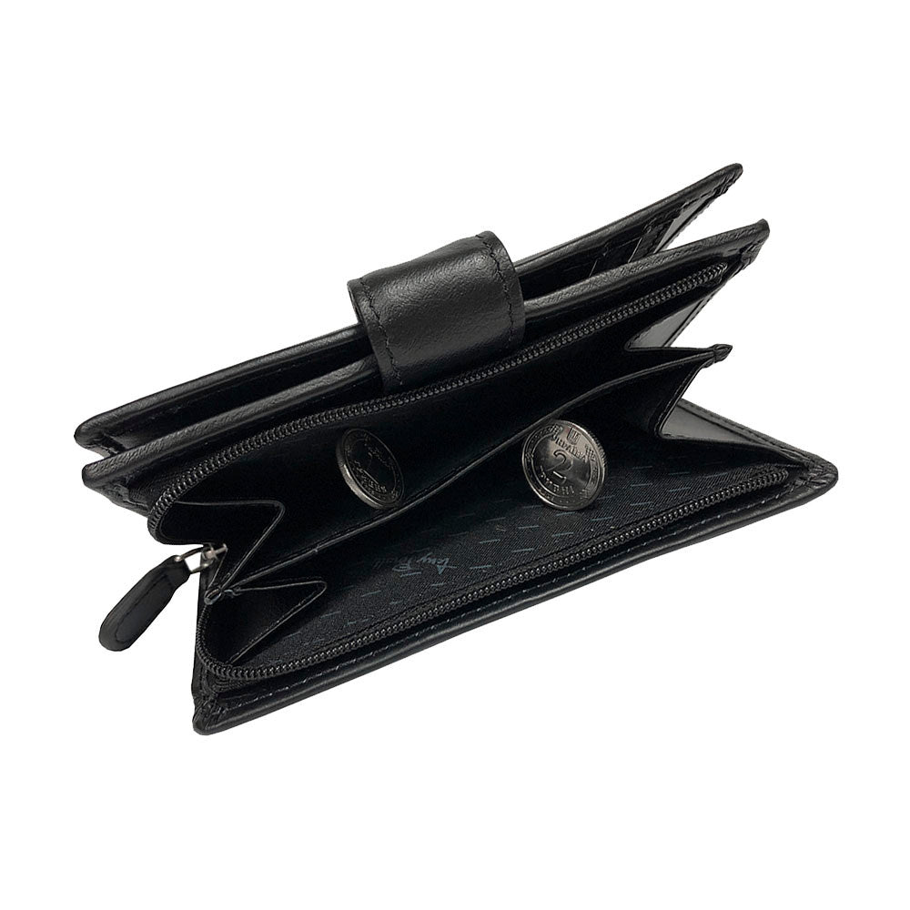 Two-section zip coin pocket on the back of the black New Rainbow 1654 wallet
