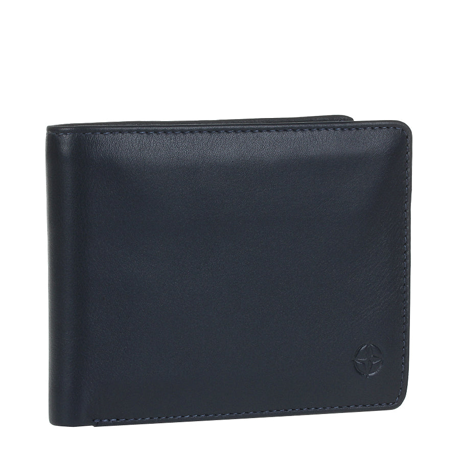Navy Tony Perotti Cortina 5051 bifold wallet standing at a three-quarter angle, closed