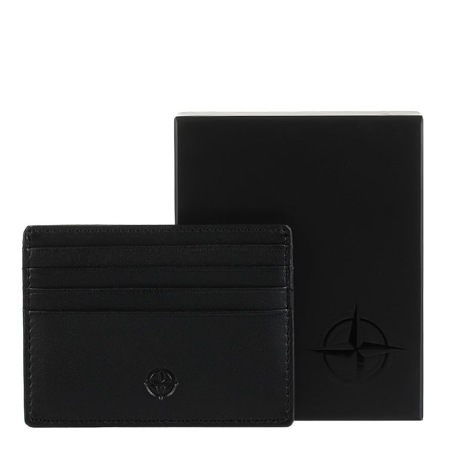 Tony Perotti Cortina 5043 nero — the card holder next to its black Cortina gift box embossed with the compass emblem