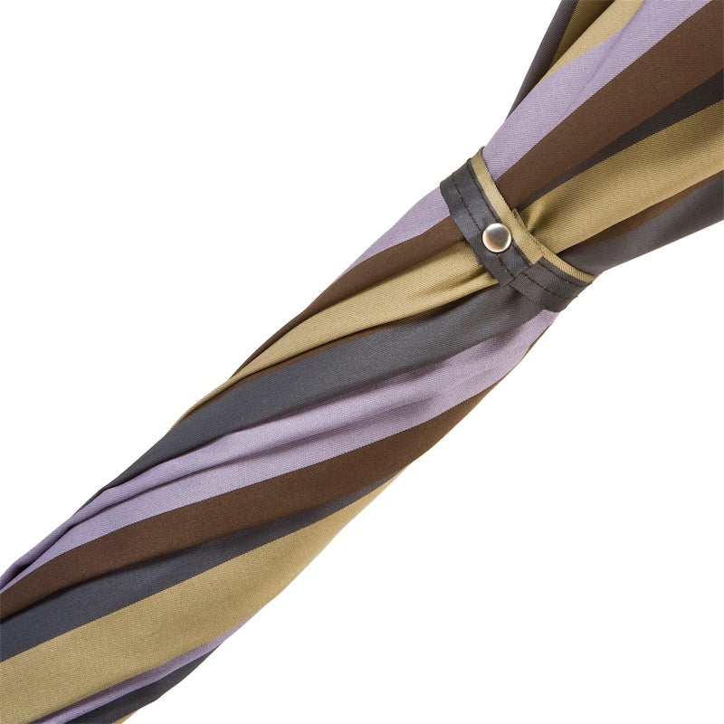 Fabric strap with silver-tone snap button on the furled lilac, khaki, brown and grey canopy