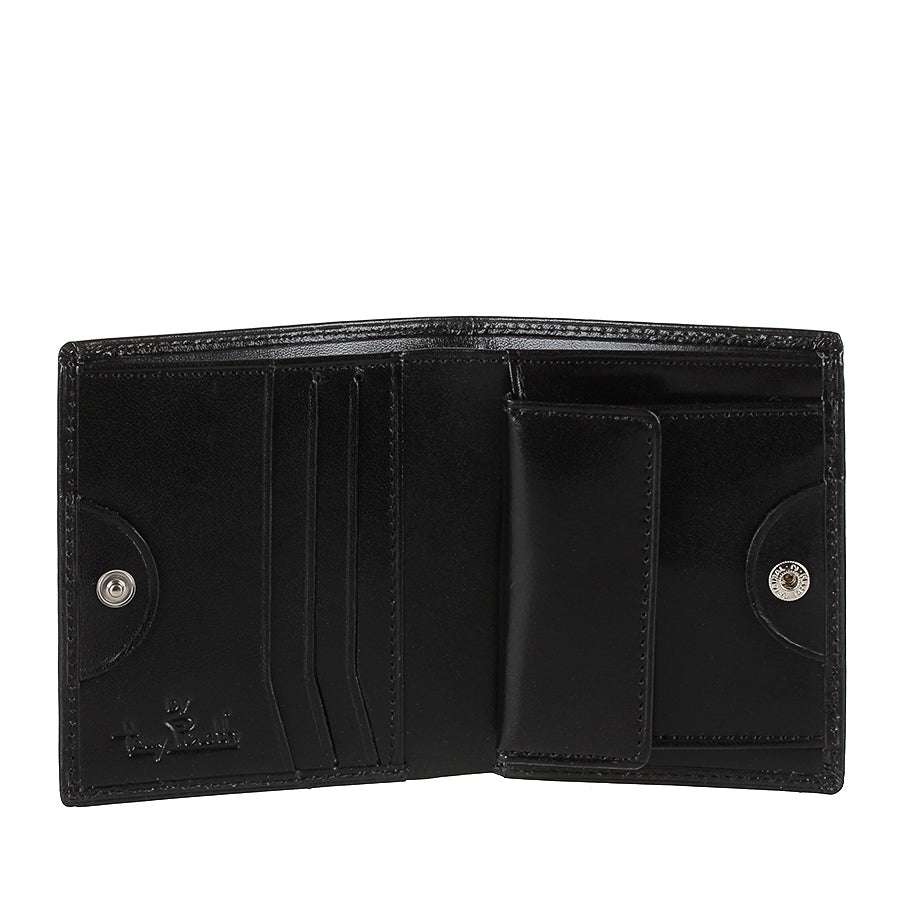 Open Tony Perotti Viasorte 1165 nero wallet with vertical card slots, snap coin pocket flap and snap tabs