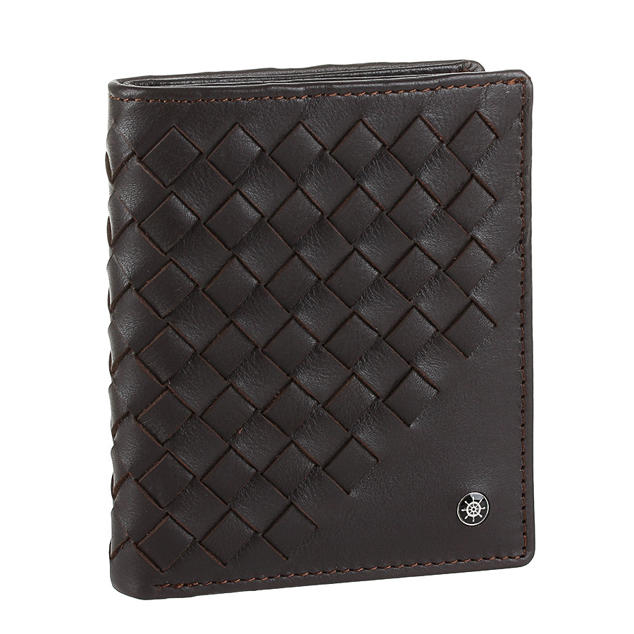 Tony Perotti Timone intrecciato 12071 moro dark brown woven leather compact wallet, three-quarter view