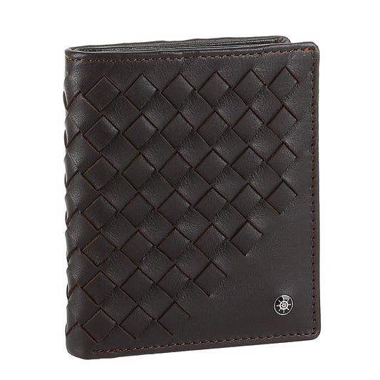 Tony Perotti Timone intrecciato 12071 moro dark brown woven leather compact wallet, three-quarter view