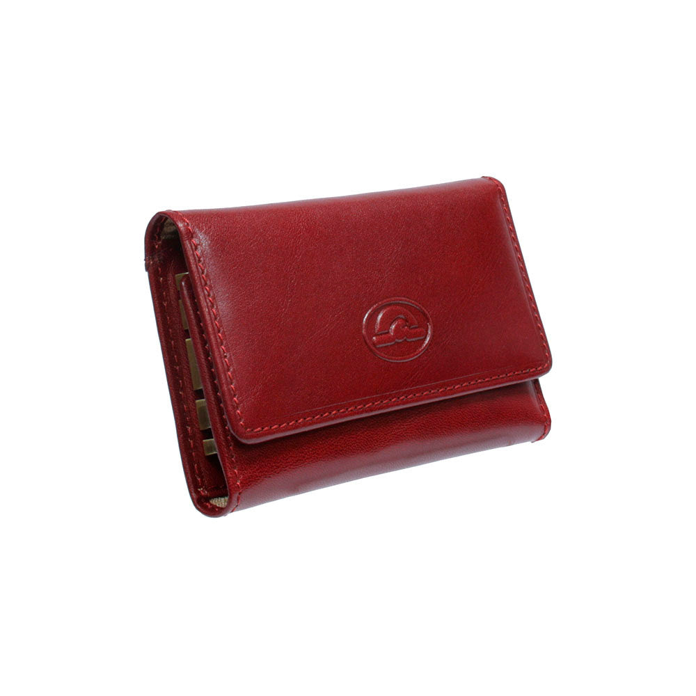 Red leather key case closed, angled front view with embossed emblem — Tony Perotti Italico 2533 rosso