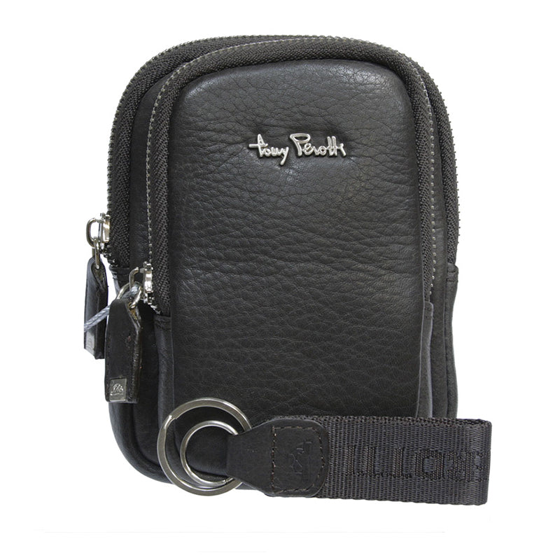 Tony Perotti Contatto 9145-10.5 leather belt bag seen straight on — the metal Tony Perotti signature and the branded key pull with its split ring
