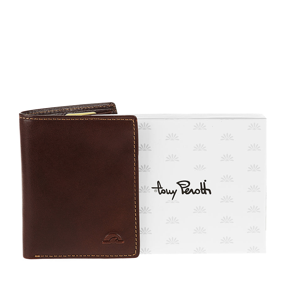 Tony Perotti Nevada 3549 moro dark brown leather wallet next to its white Tony Perotti gift box