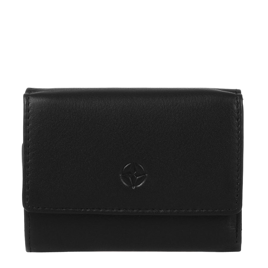 Black Tony Perotti Cortina 5056 small trifold wallet seen straight on, closed, with the embossed compass rose on the flap