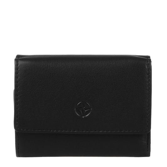 Black Tony Perotti Cortina 5056 small trifold wallet seen straight on, closed, with the embossed compass rose on the flap