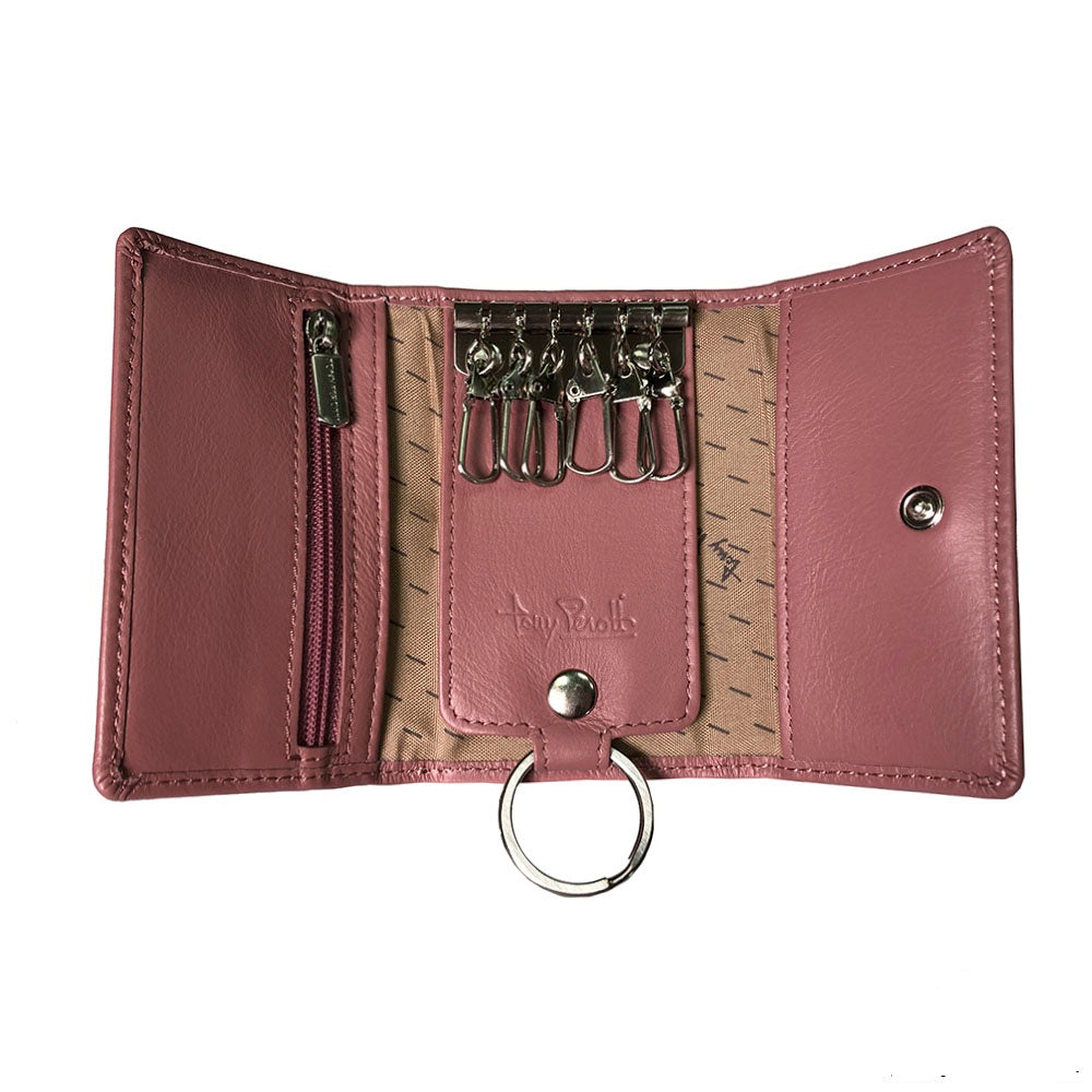 Tony Perotti New Rainbow 1117 rosa antico — opened flat: the six empty hooks, the card slots behind the side panels and the ring on its leather tab
