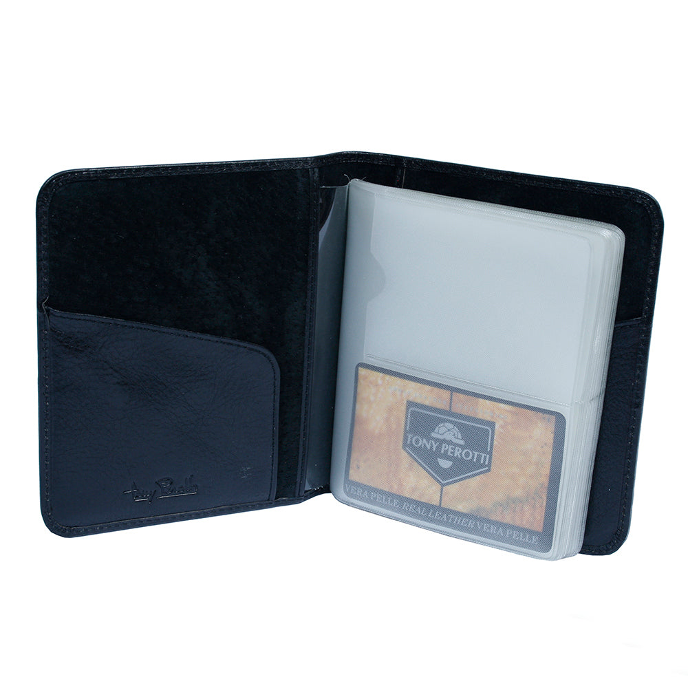 Black leather business card holder open with clear sleeves — Tony Perotti Italico 2612 nero