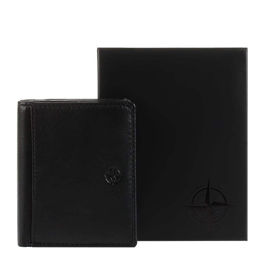 Tony Perotti Cortina 5045 nero — the card wallet next to its black Cortina gift box embossed with the compass emblem