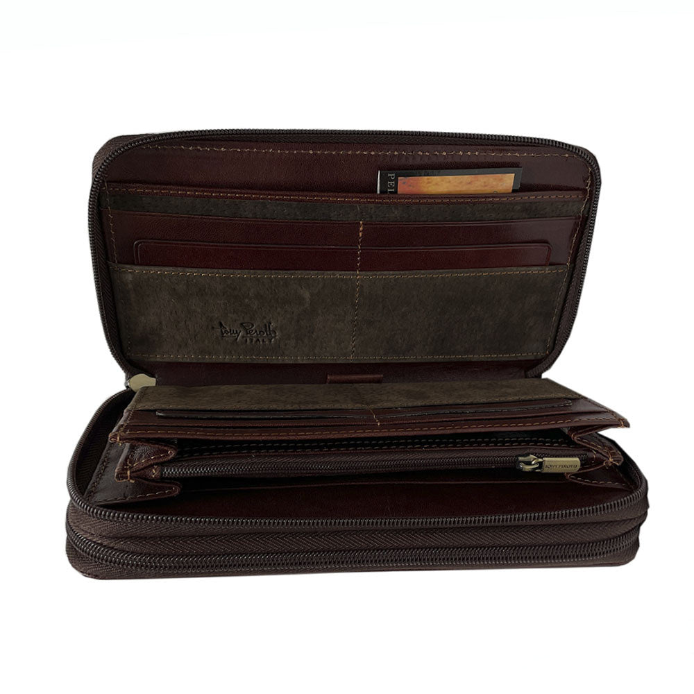Inside the dark brown Italico 3668 — inner zip pocket with branded puller, bill sections and card slots
