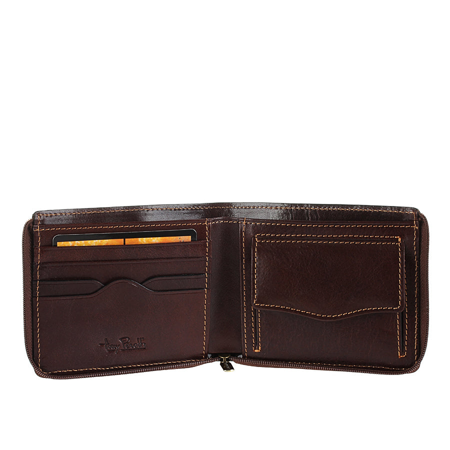 Dark brown leather wallet Tony Perotti Italico 3645 moro opened — 4 card slots and a flap coin pocket