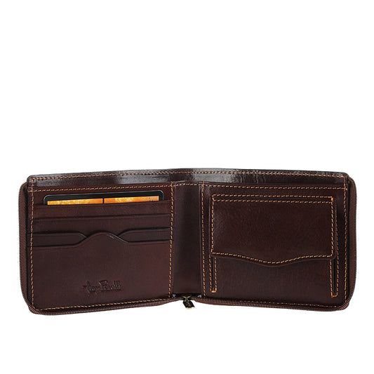 Dark brown leather wallet Tony Perotti Italico 3645 moro opened — 4 card slots and a flap coin pocket