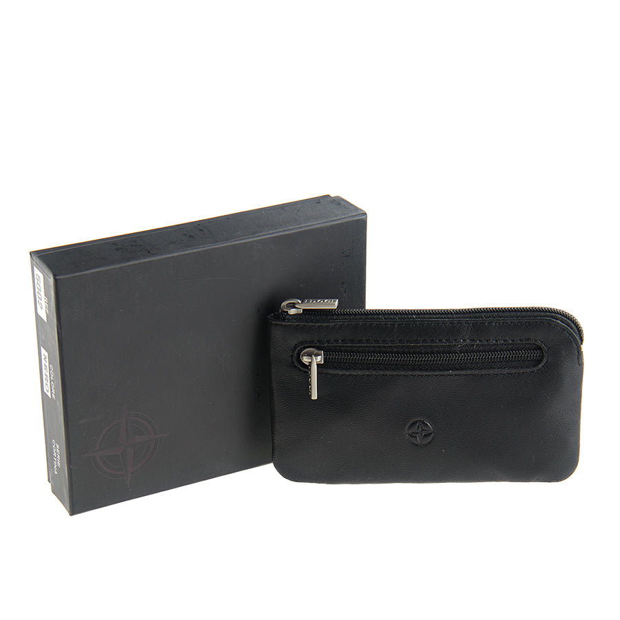 Black leather key pouch beside its black Cortina gift box, handcrafted in Italy — Cortina 5002 nero