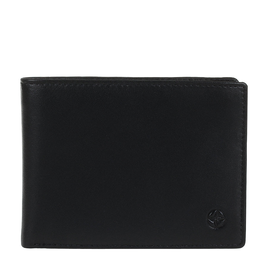 Black Tony Perotti Cortina 5052 leather bifold wallet seen straight on, closed, with the embossed compass rose in the lower corner