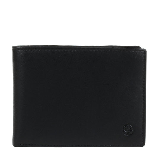 Black Tony Perotti Cortina 5052 leather bifold wallet seen straight on, closed, with the embossed compass rose in the lower corner
