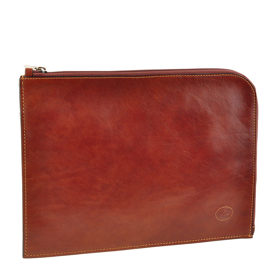 Angled view of the cognac Italico 8017L — slim flat body and antique brass zip pull