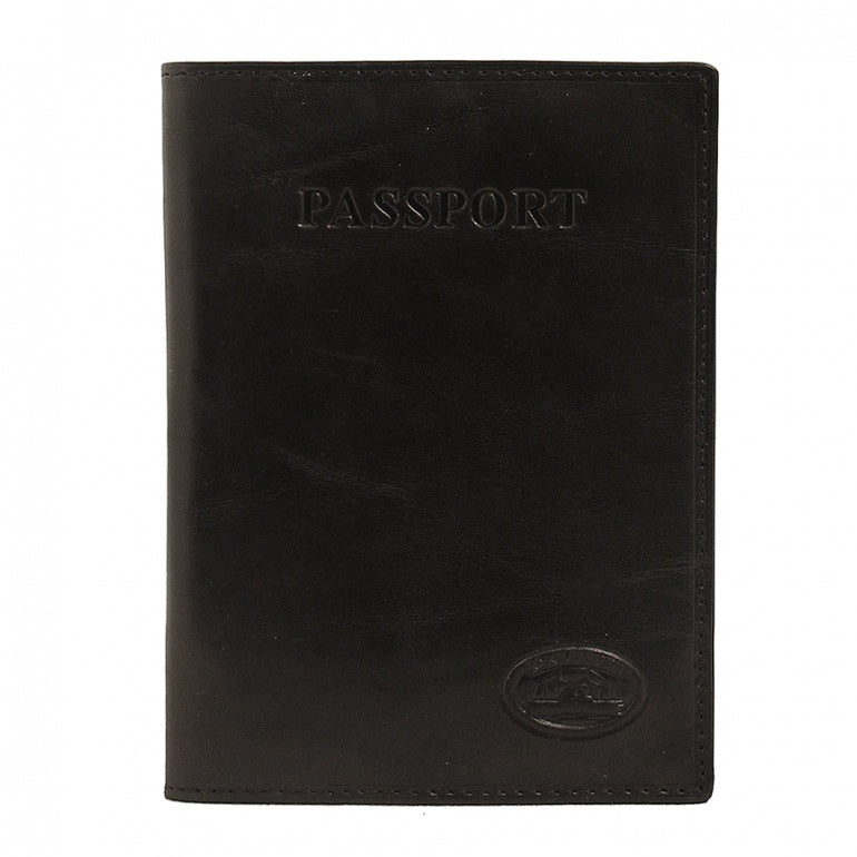 Black leather passport cover Tony Perotti Italico 1597 nero — front with embossed PASSPORT lettering and the Tony Perotti turtle emblem
