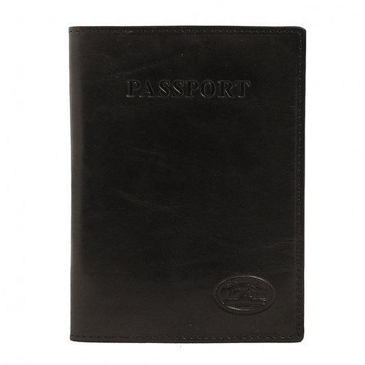 Black leather passport cover Tony Perotti Italico 1597 nero — front with embossed PASSPORT lettering and the Tony Perotti turtle emblem