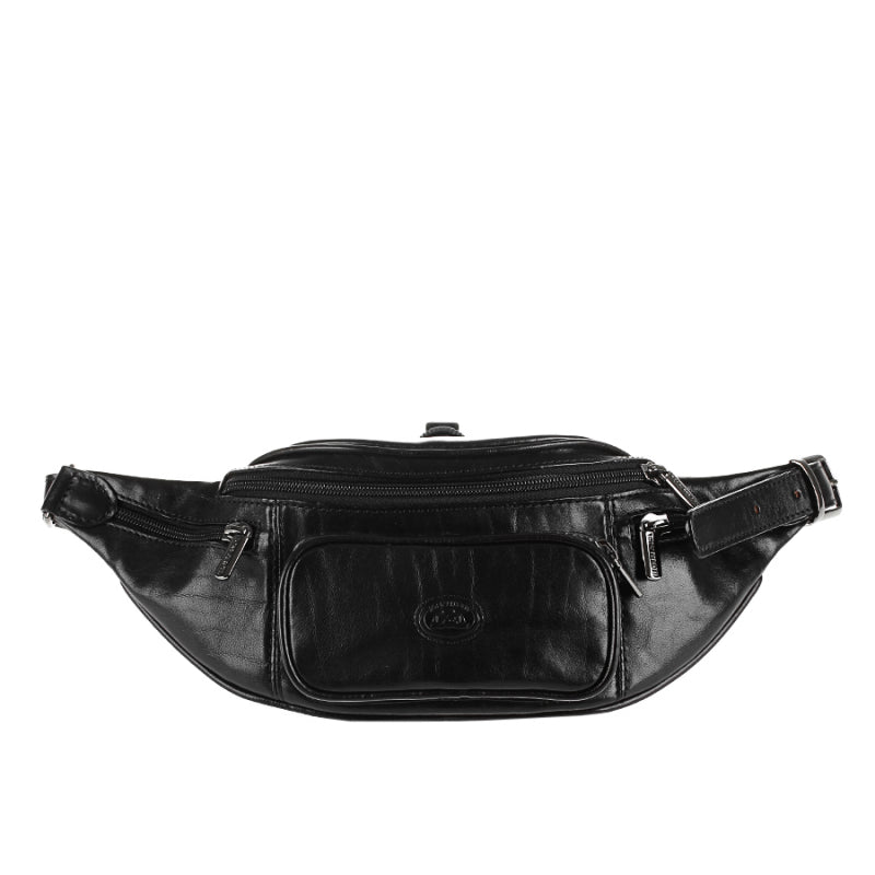 Tony Perotti Italico 8018 men's black leather belt bag — front patch zip pocket with embossed turtle, main zip and side zip pockets