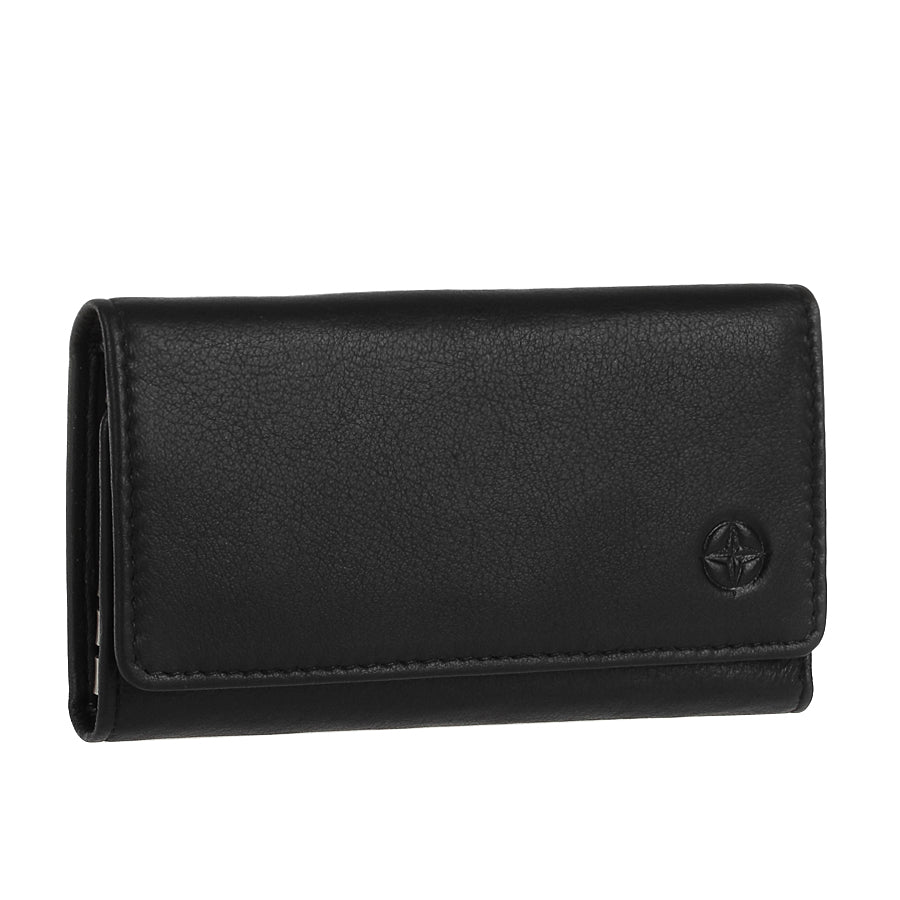 Black leather key case closed, angled view of the snap flap — Tony Perotti Cortina 5005 nero