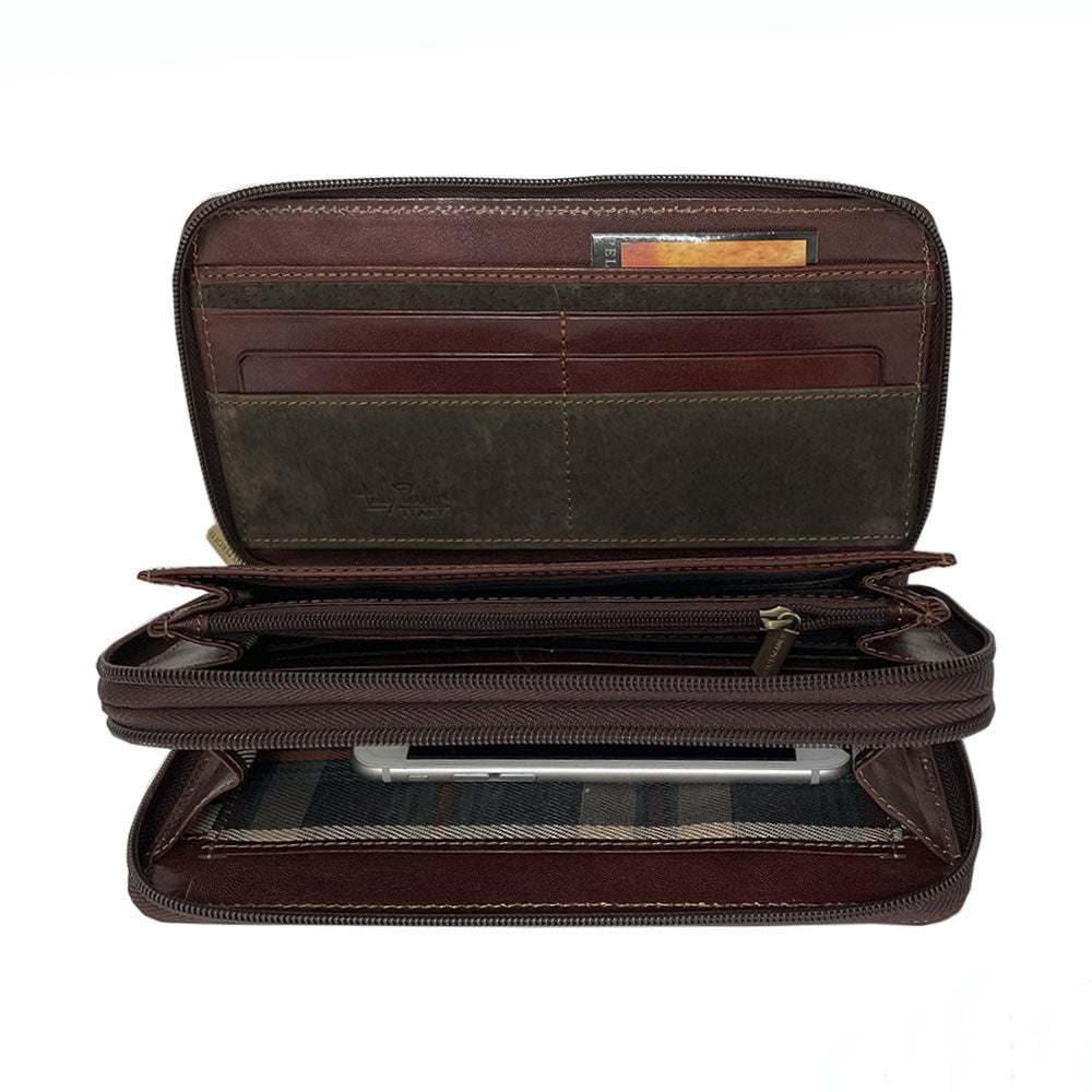 Dark brown Italico 3668 opened — a phone in one compartment and card slots with suede panels in the other