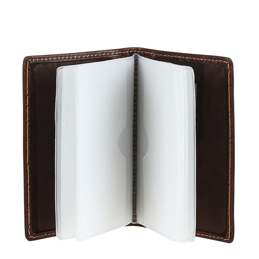 Dark brown leather business card holder open with clear plastic sleeves — Tony Perotti Italico 1007 moro