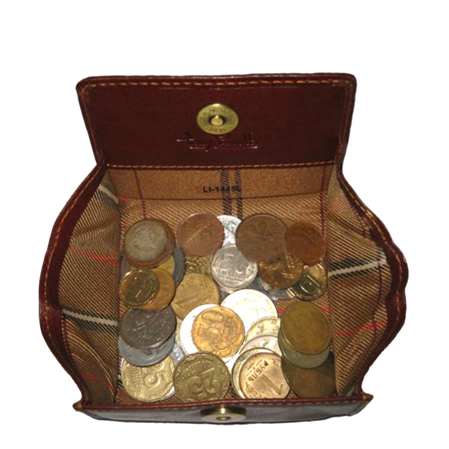 Dark brown leather coin pouch open, filled with coins — Tony Perotti Italico 1445L moro