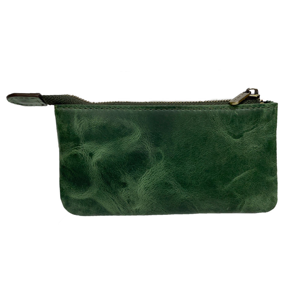 Back of the green Arno 3350 key case — plain vintage-look cowhide with the branded metal zip puller